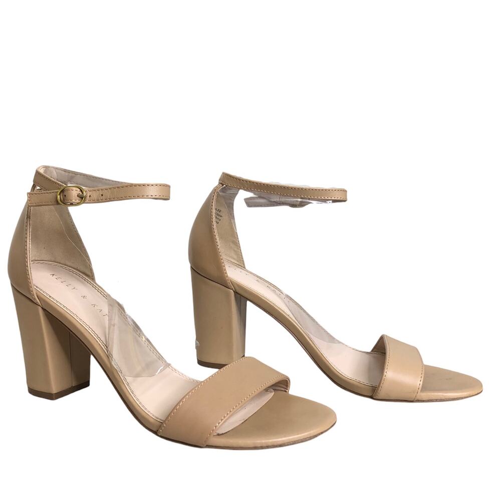 Kelly Katie Block Heeled Sandal Cream Beige Leather Ankle Strap Round Toe 8.5